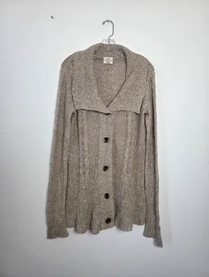 Oatmeal Beige Cardigan Sweater Shawl Collar Cable Knit Comfy Loungewear Large thumbnail 2