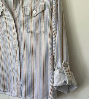 Selene Sport Vintage Linen Rayon Striped Roll Tab Sleeve Button Up Shirt ~ Sz L thumbnail 12