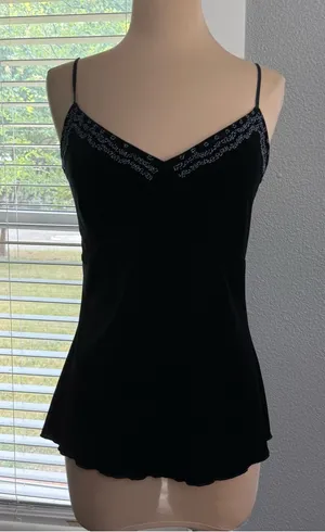 Karen Kane Velvet Black Cami Top Size Medium Beaded neckline thumbnail 1