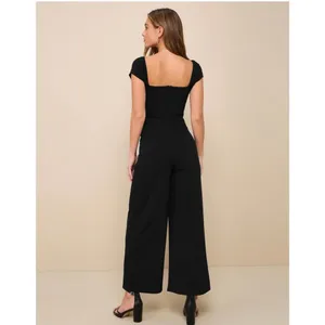 NEW Black Cap Sleeve Square Jumpsuit Pockets L thumbnail 4
