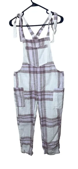 Aerie Womens Plaid Tie Shoulder Bib Overalls Purple White Size Small Relaxed thumbnail 1