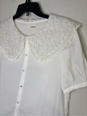 Chulatte White Eyelet Peter Pan Collar Blouse Size M thumbnail 3