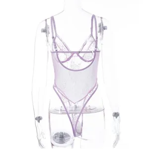 NWT Womens Floral Lace Sheer Bodysuit Lavender Romantic Lingerie Size S thumbnail 4