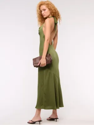 Abercrombie Olive Halter Satin Maxi Dress thumbnail 3