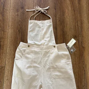 NWT No Comment Womens Cream Wide Leg‎ Overalls Size Large boho cottage cotton thumbnail 2