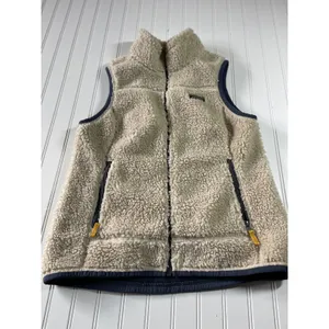 LL Bean Mountain Pile Fleece Vest Cream Navy Sherpa Retro Outdoor Jacket M thumbnail 2
