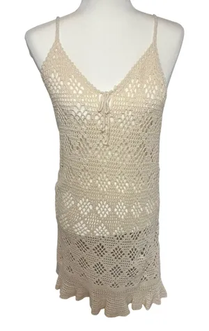 Aerie Crochet Knit Midi Dress Boho Ruffle Hem Beach Coverup Cream Festival sz M‎ thumbnail 1