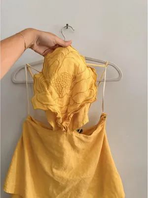 Farm Rio 3D Floral Tiered Midi Dress Yellow Cutout Linen Blend thumbnail 3
