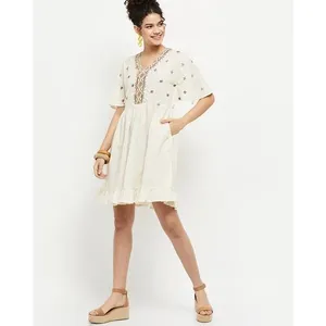 Max Women Cream Cotton Boho Embroidered V-Neck Ruffle Hem Mini Dress thumbnail 3