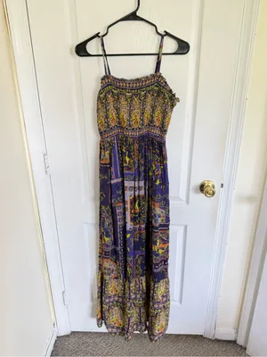 Anthropologie Bohemian Purple Printed Smocked Maxi Dress thumbnail 2