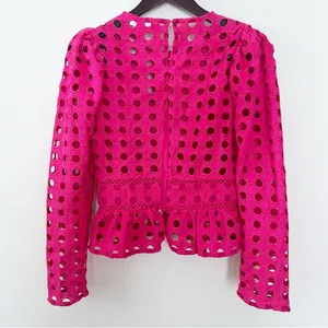 Lovers + Friends Hot Pink Puff Sleeve Peplum Top Cut Out Eyelet Size Small thumbnail 8