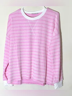 Zenana Raised Rib Striped Pullover & Wide Leg Pants Set Womens Lt Pink Sz Medium thumbnail 3