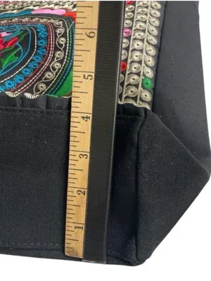 Guatemalan Embroidered Boho Floral Tote Bag Black Canvas Coin Trim thumbnail 9