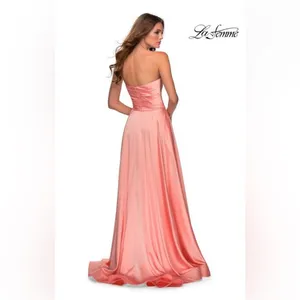 NWT LA FEMME Strapless Slit Satin Ballgown Prom Dress in Peach Size US 4 thumbnail 2