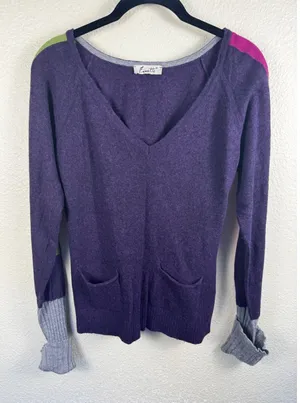 Purple V-Neck Cashmere Angora Wool Blend Sweater Womens Colorblock Knit‎ Preppy thumbnail 1