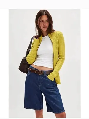 NWOT Free People Eliza Cable Zip-Up Cardigan Rib Miniskirt 2PCS Set Lime Green thumbnail 3