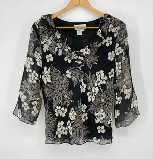 Adrianna Papell Vintage Floral‎ Silk Black Blouse Ruffle Neck 3/4 Sleeve Size 14 Whimsigoth Y2K thumbnail 1