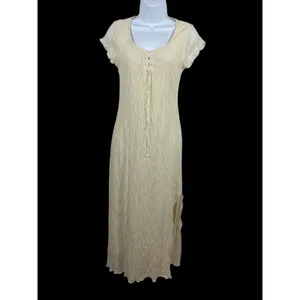 KIRIOUS Lace Up Midi Dress Cream Boho Sheer Lace Textured Slit Festival Beach S thumbnail 2