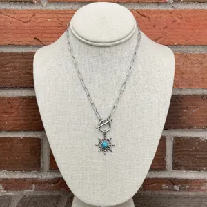 Stainless Steel Sunburst Necklace with Faux Turquoise thumbnail 2
