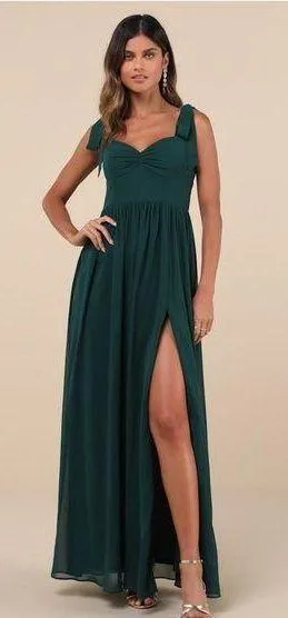 LULU’S Radiant Charisma Emerald Chiffon Ruched Tie Strap Maxi Dress thumbnail 1