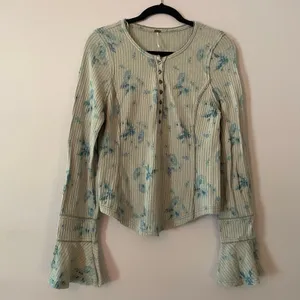 Free People Gray Blue Ribbed Henley Loungewear Top Long Sleeves Women size Large thumbnail 2