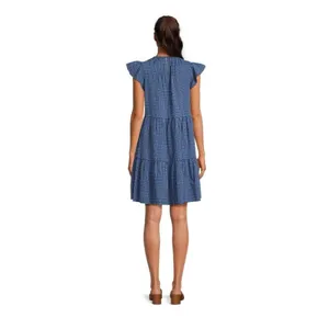 Old Navy Time & Tru Blue‎ Plaid Flutter Sleeve Tieared Womens Dress Size M 8/10 NWT thumbnail 3