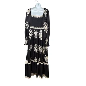 Womens Black Cream Damask Smocked Maxi Dress Long Sleeve Boho Peasant Size L thumbnail 2