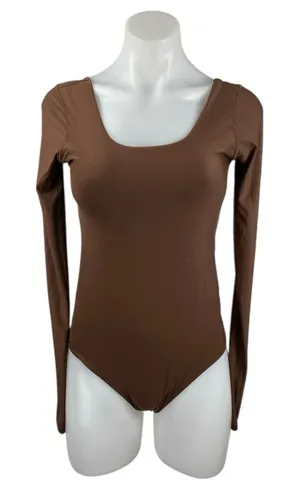 Aerie Smoothez Brown Scoop Neck Long Sleeve Sculpt Thong Bodysuit Top Size L thumbnail 1