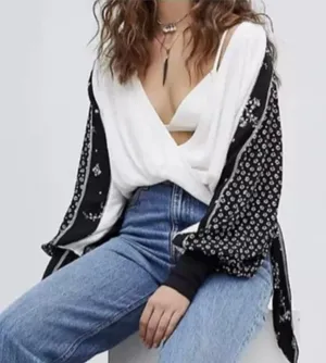 Free People Auxton Thermal Wrap Top Ivory Black Floral Waffle Knit Shacket S thumbnail 1
