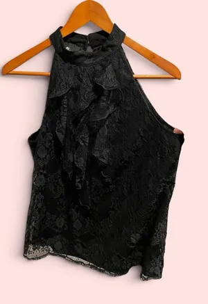 Cute Y2K lace ruffle high neck sleeveless top lined AB Studio whimsigoth tuxedo thumbnail 1
