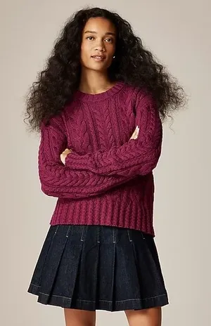 J Crew Cable Knit Crewneck Sweater 100% Cotton Vivid Mulberry Womens Medium thumbnail 1