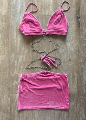Pink velour butterfly chain bodycon cut out halter dress S NEW thumbnail 1