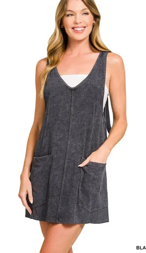 Zenana NEW Washed Slub Overall Mini Dress Black S M L thumbnail 1