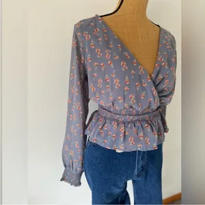 Japna Floral V Neck Shirt Smocked Waist Long Sleeve Womens Blouse thumbnail 2