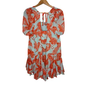 Olivaceous Floral Whimsical Boho Puff Sleeve Mini Dress Orange Blue Size Medium thumbnail 3