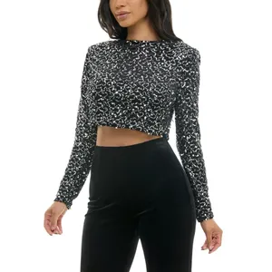 NWT Alex & Sophia Cropped Faux-Pearl-Trim Sequin Velvet Top Charcoal Black 2XS thumbnail 3