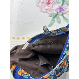 Blue‎ Floral Quilted Cotton Tote Bag Zippered Shoulder Bag with Pockets thumbnail 9