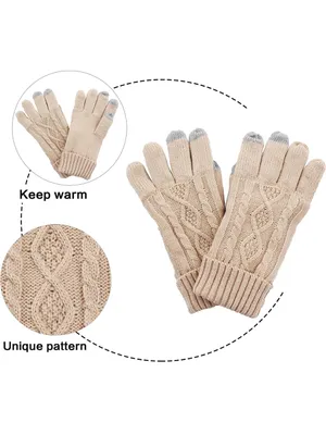 New! Super Soft Beige Cable Knit Pom Beanie, Scarf & Glove Set thumbnail 3