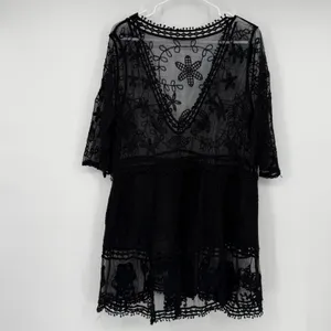 Black Lace Sheer Embroidered Floral V-Neck Tunic Top Whimsigoth Witchy thumbnail 2