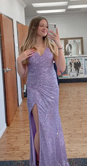 light purple sparkly maxi prom dress thumbnail 1