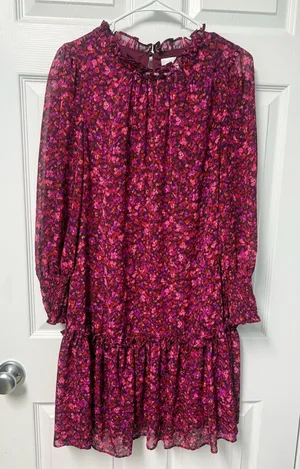 London Times Magenta & Burgundy Floral Ruffle Dress thumbnail 1