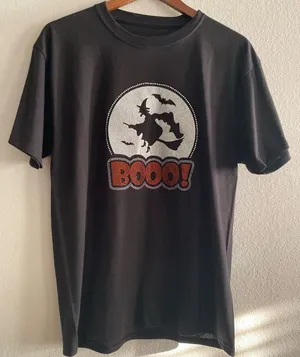 Hanes Women Halloween Black T-shirt Short Sleeve Top Witch BOO Rhinestones M Medium thumbnail 1