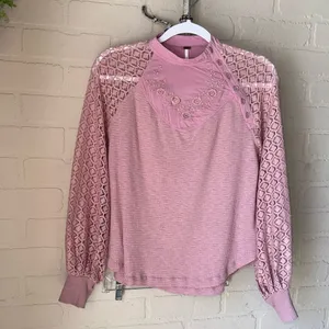 Free People shirt Sweetest Thing Thermal Blush pink XS embroidered thumbnail 3
