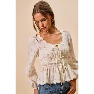 SO ME Floral Clip Dot Lace Trim Ruched Bodice Blouse - White - Medium thumbnail 8