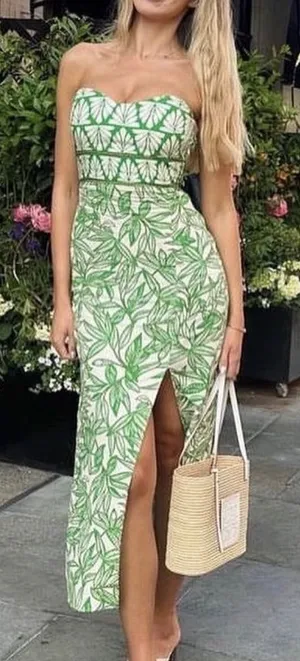 Zara Womens Green Resort Tropical Leaf Print Strapless Linen Blend Midi Dress‎ S thumbnail 1