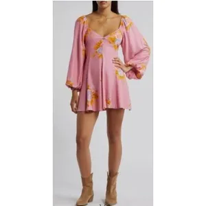 NWT Free People Francesca Pink Floral Long Sleeve Smocked‎ Back Mini Dress Small thumbnail 7