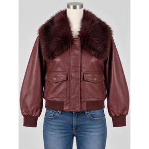 Wild Fable Burgundy Faux Leather Bomber Jacket Removable Faux Fur Collar Size S thumbnail 2