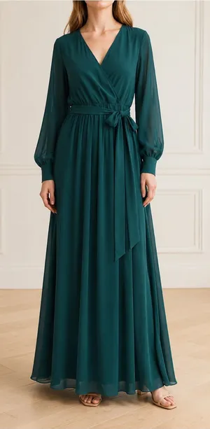 NWT Baltic Born Lydia Emerald Chiffon Maxi Dress Size Medium Long Sleeve Gown thumbnail 1