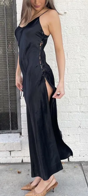 Victorias secret Black satin midi high slit slip dress sz s thumbnail 1