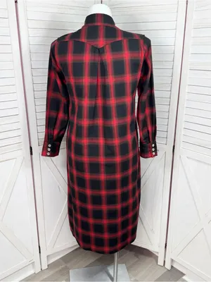 L&S‎ Plaid Snap Front Midi Duster Shirt Dress Shacket Red Black XL Western Boho thumbnail 4